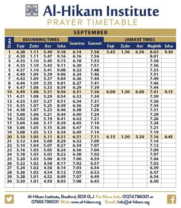 Timetable published by Al Hikam Institute for September 2026