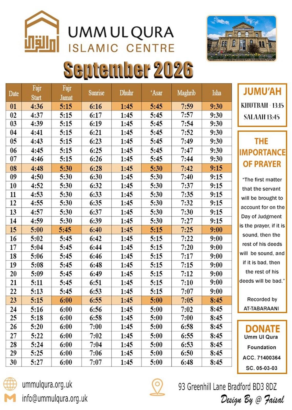Timetable published by Umm ul Qura Islamic Centre Bradford for September 2026