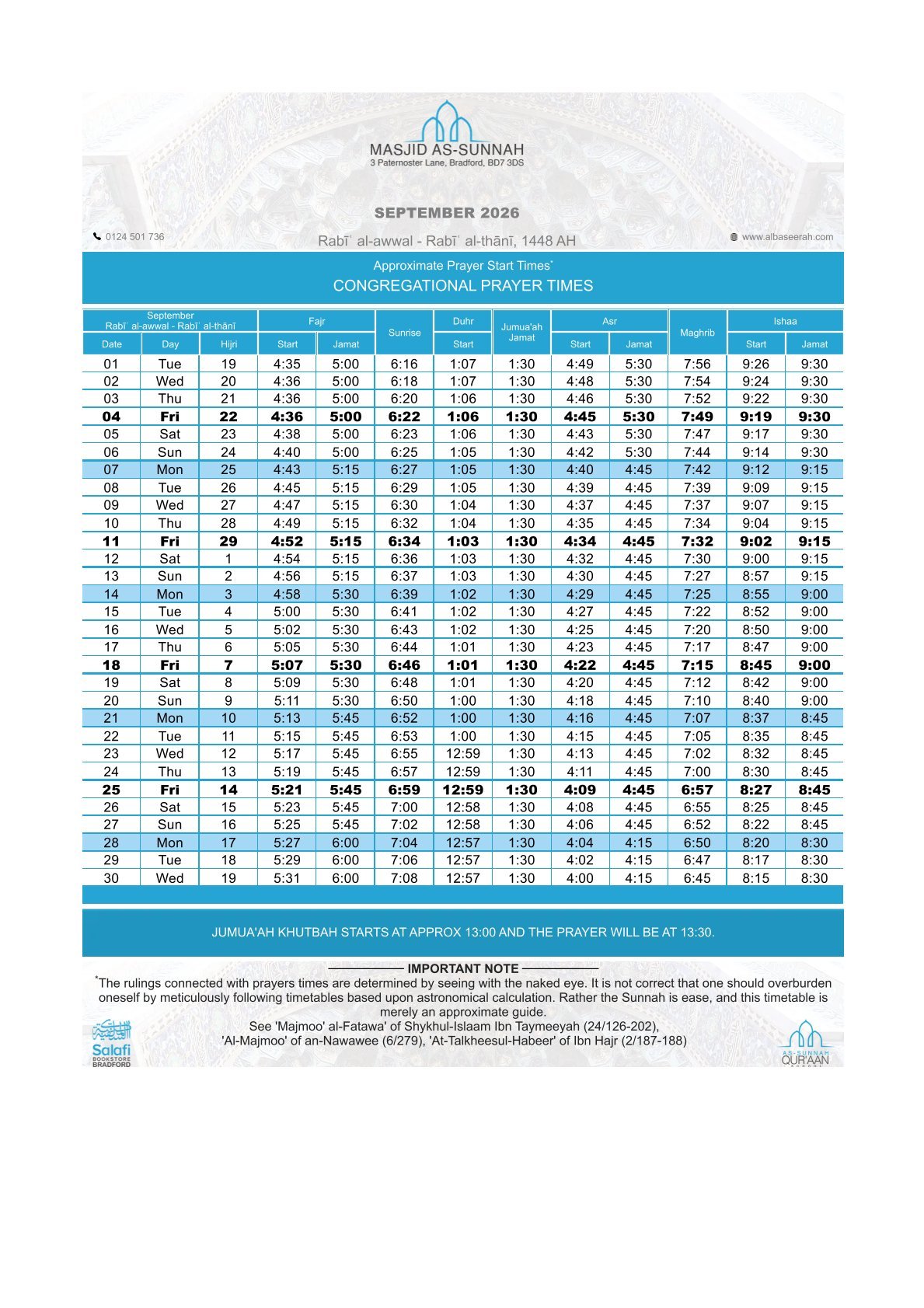 Timetable published by Masjid As-Sunnah for September 2026