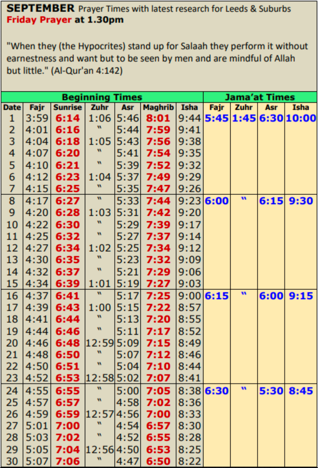 Timetable published by Leeds Islamic Centre for September 2026