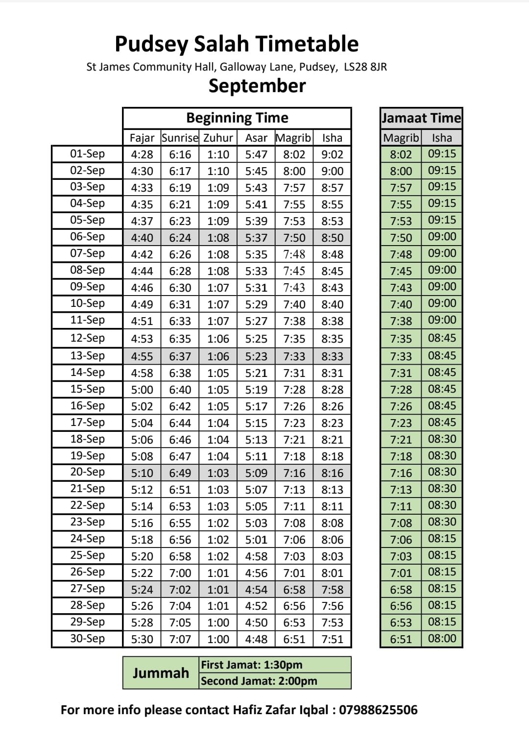Timetable published by P&C Islamic Centre (St James Community Hall) for September 2026