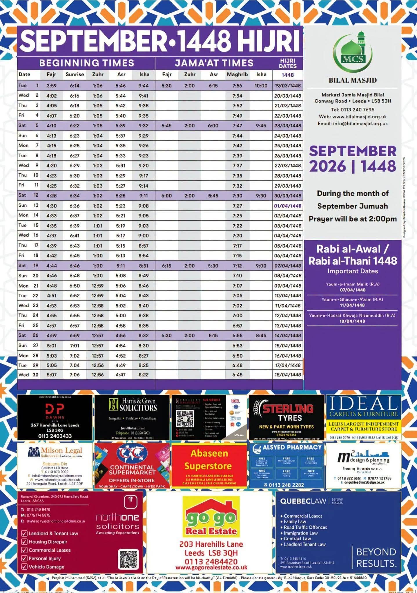 Timetable published by Jamia Masjid Bilal for September 2026