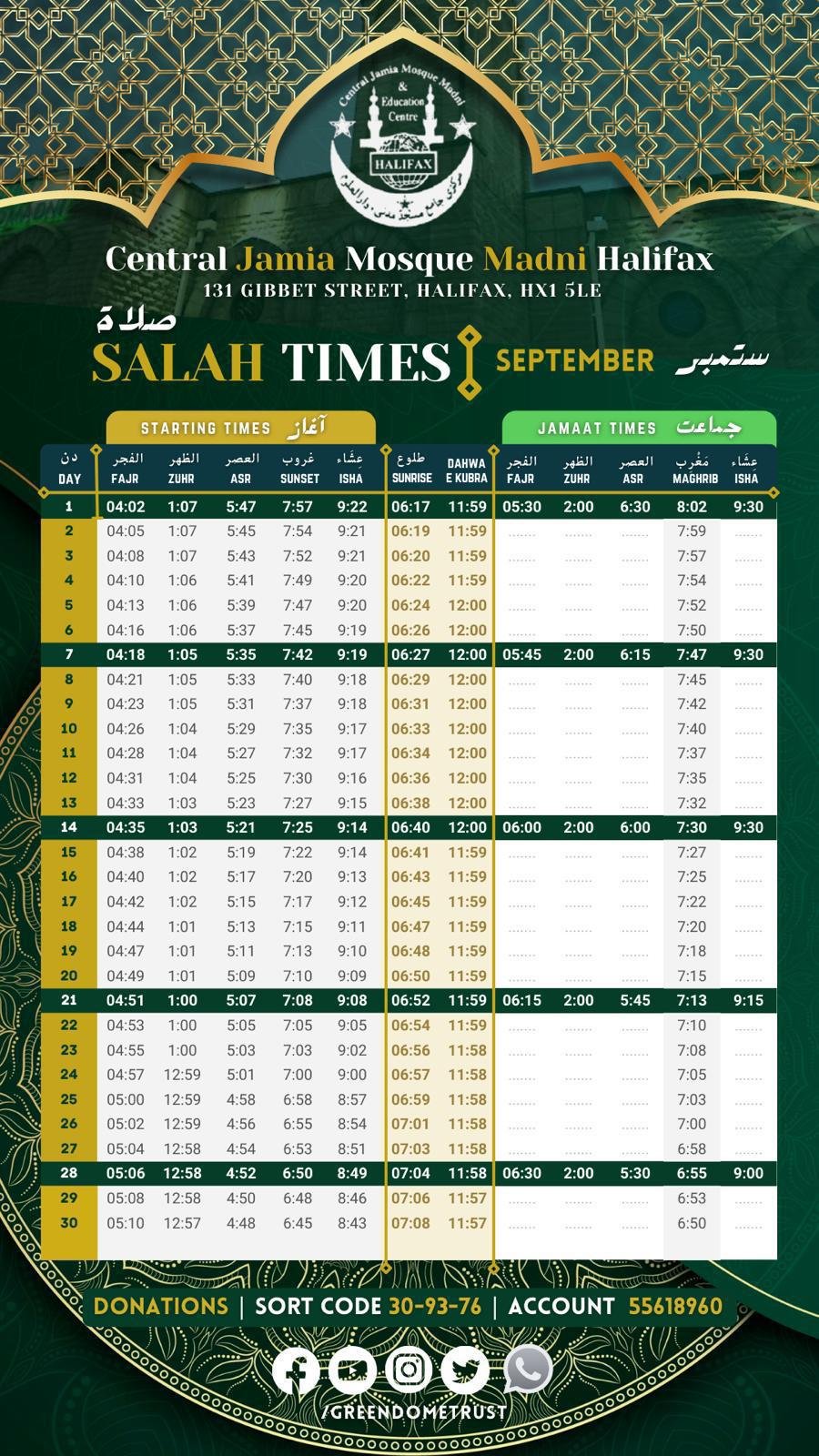 Timetable published by Jamia Mosque Madni for September 2026