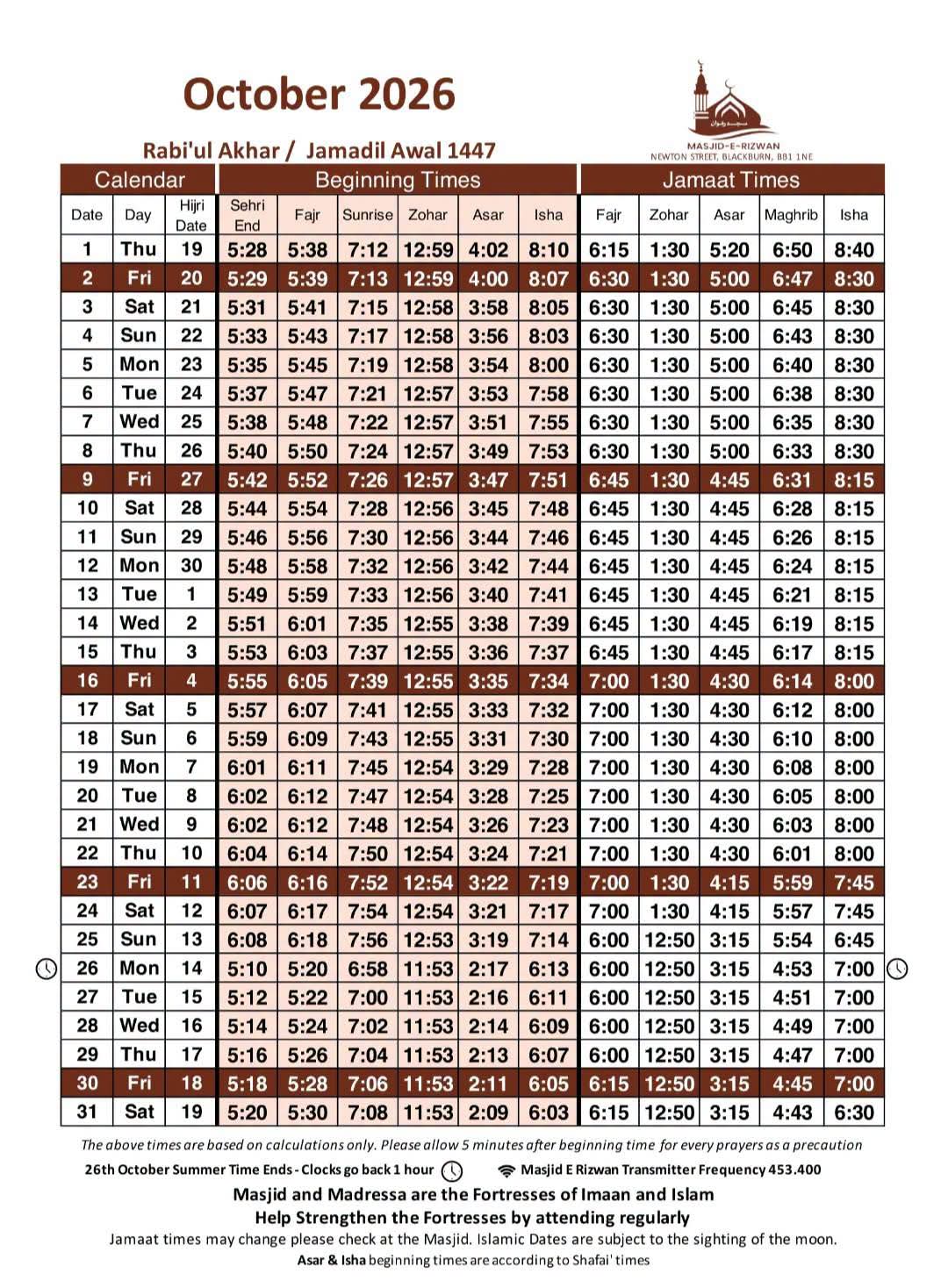 Timetable published by Masjid-e-Rizwan for October 2026