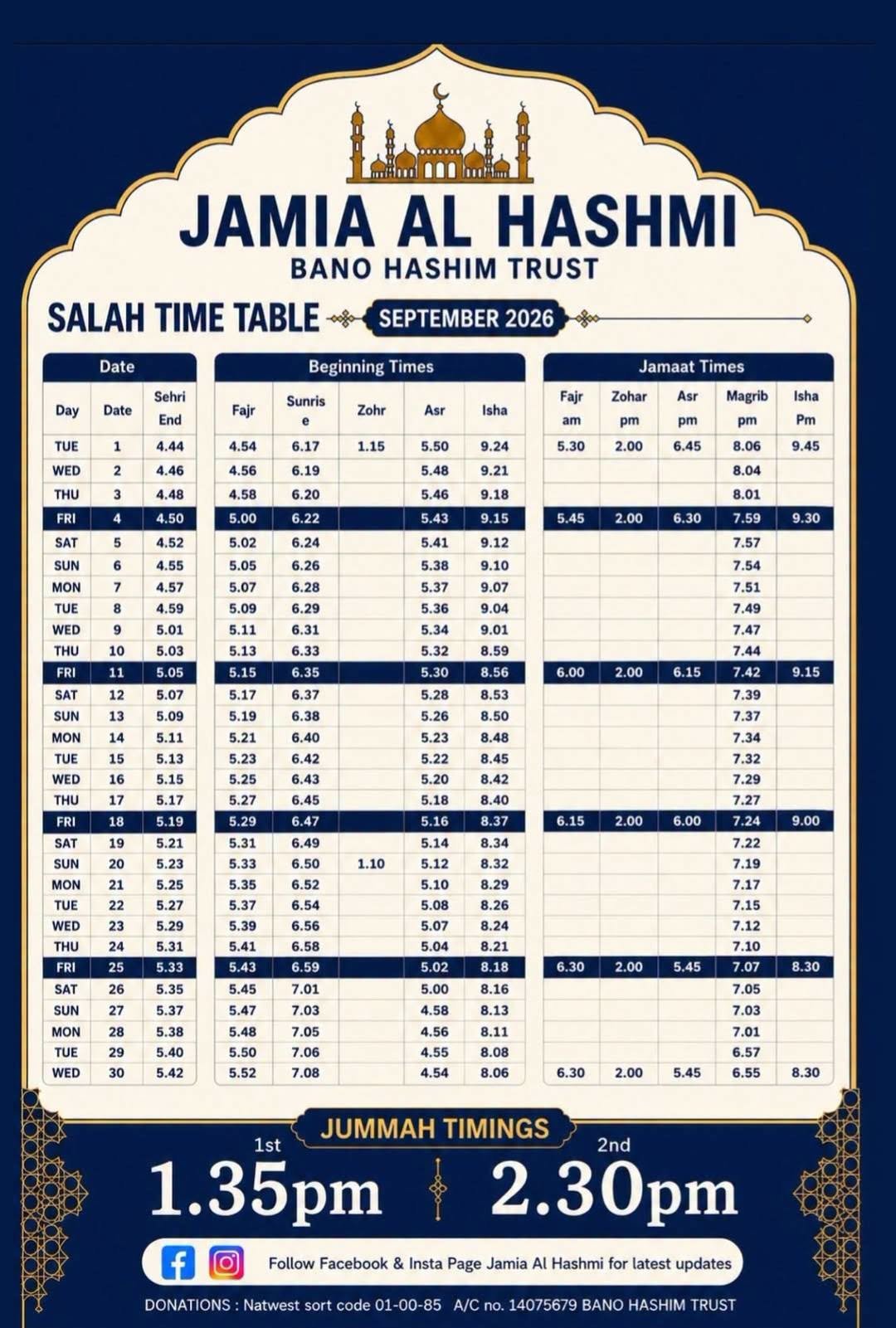 Timetable published by Jamia Al Hashmi Mosque for September 2026