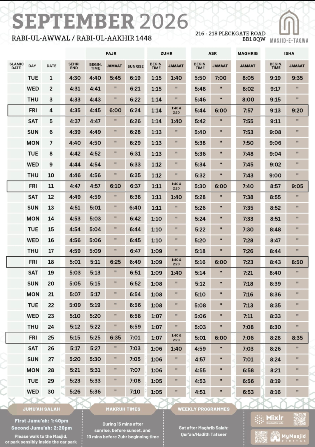 Timetable published by (Pleckgate) Masjid-e-Taqwa for September 2026