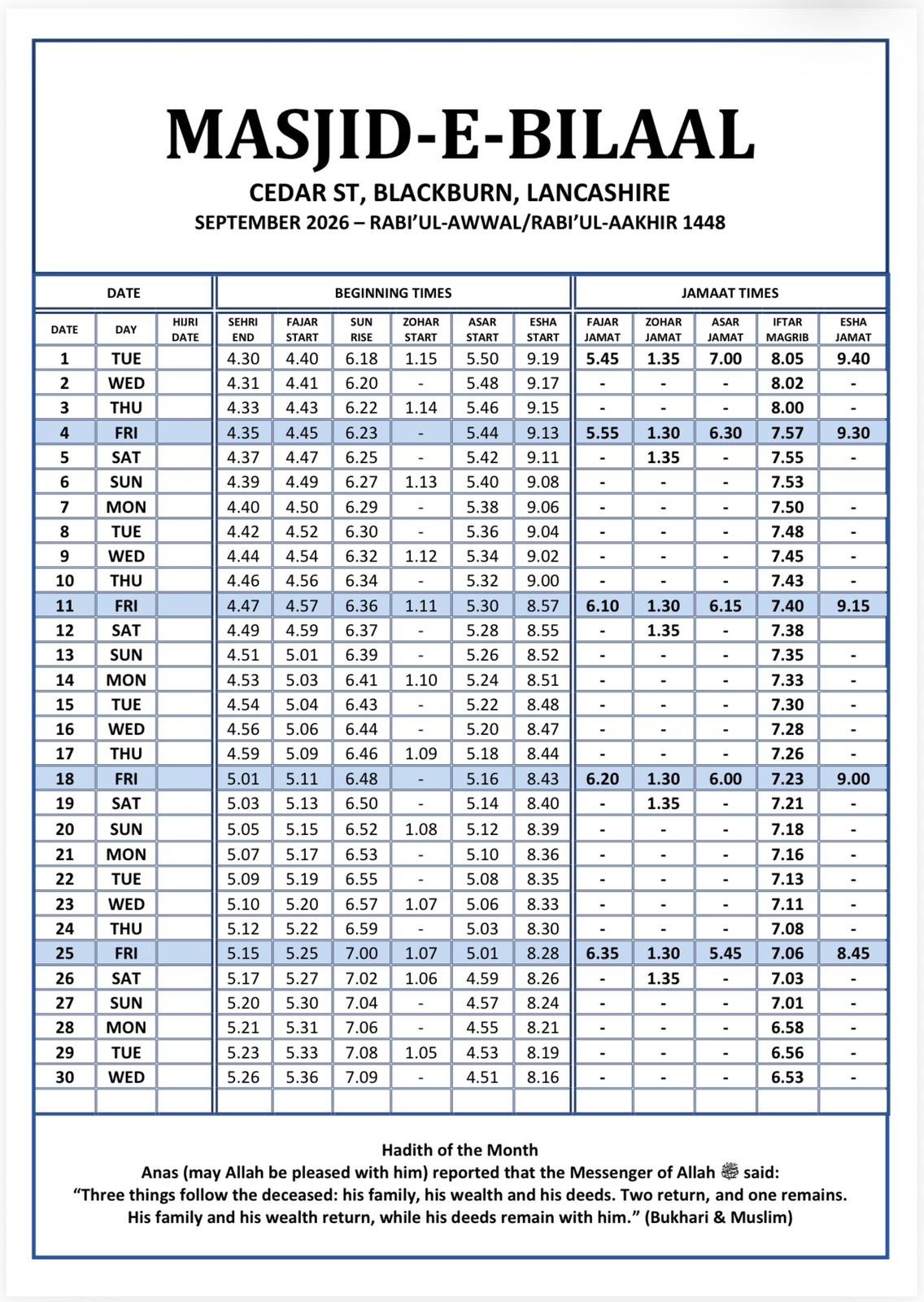 Timetable published by Masjid-e-Bilaal for September 2026