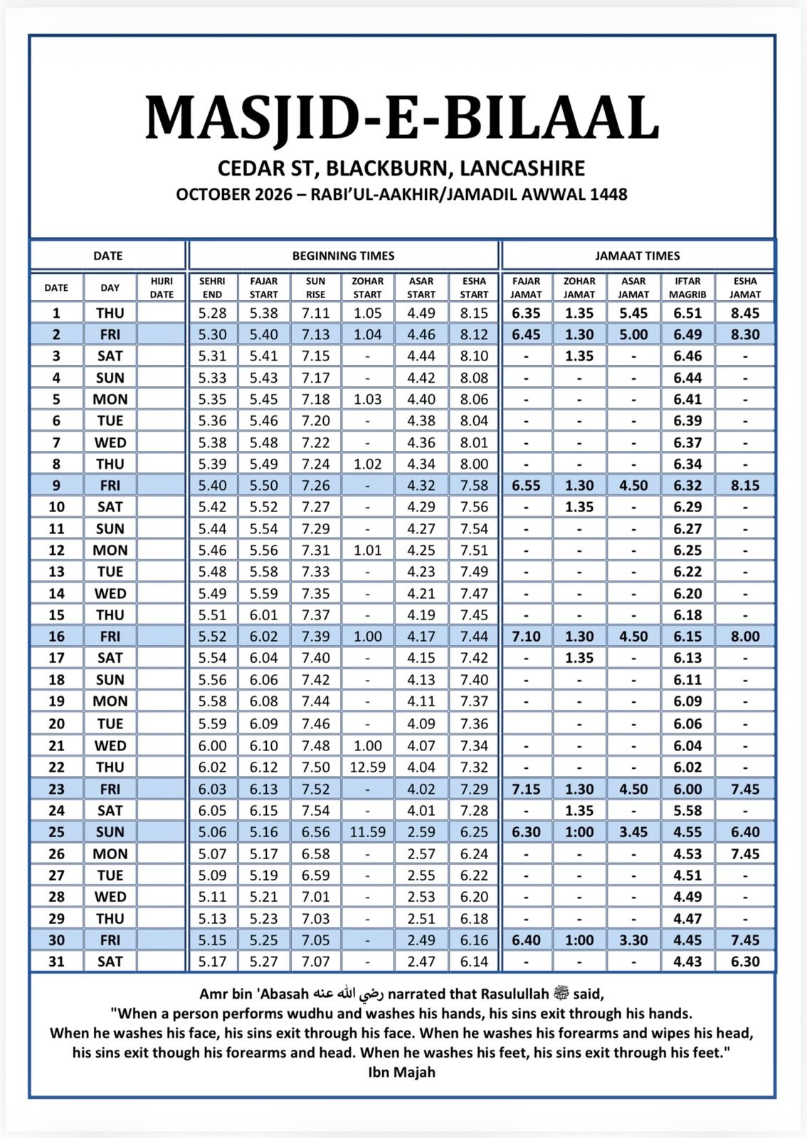 Timetable published by Masjid-e-Bilaal for October 2026