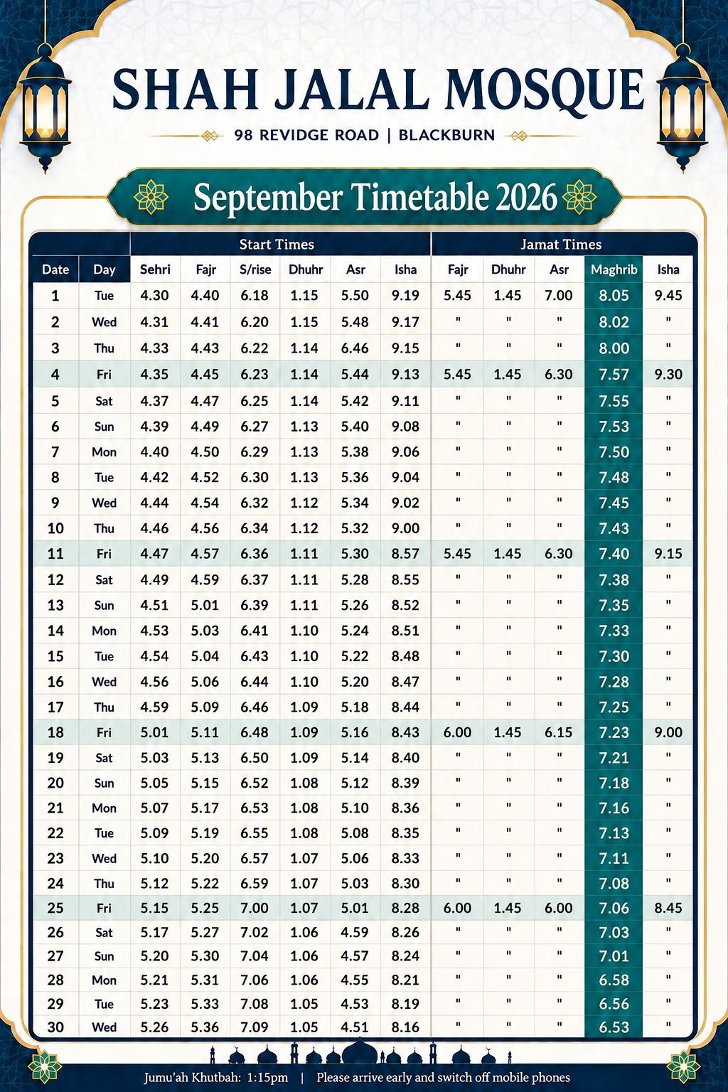 Timetable published by Masjid Shah Jalal & Madrasah Zeenatul Quran for September 2026
