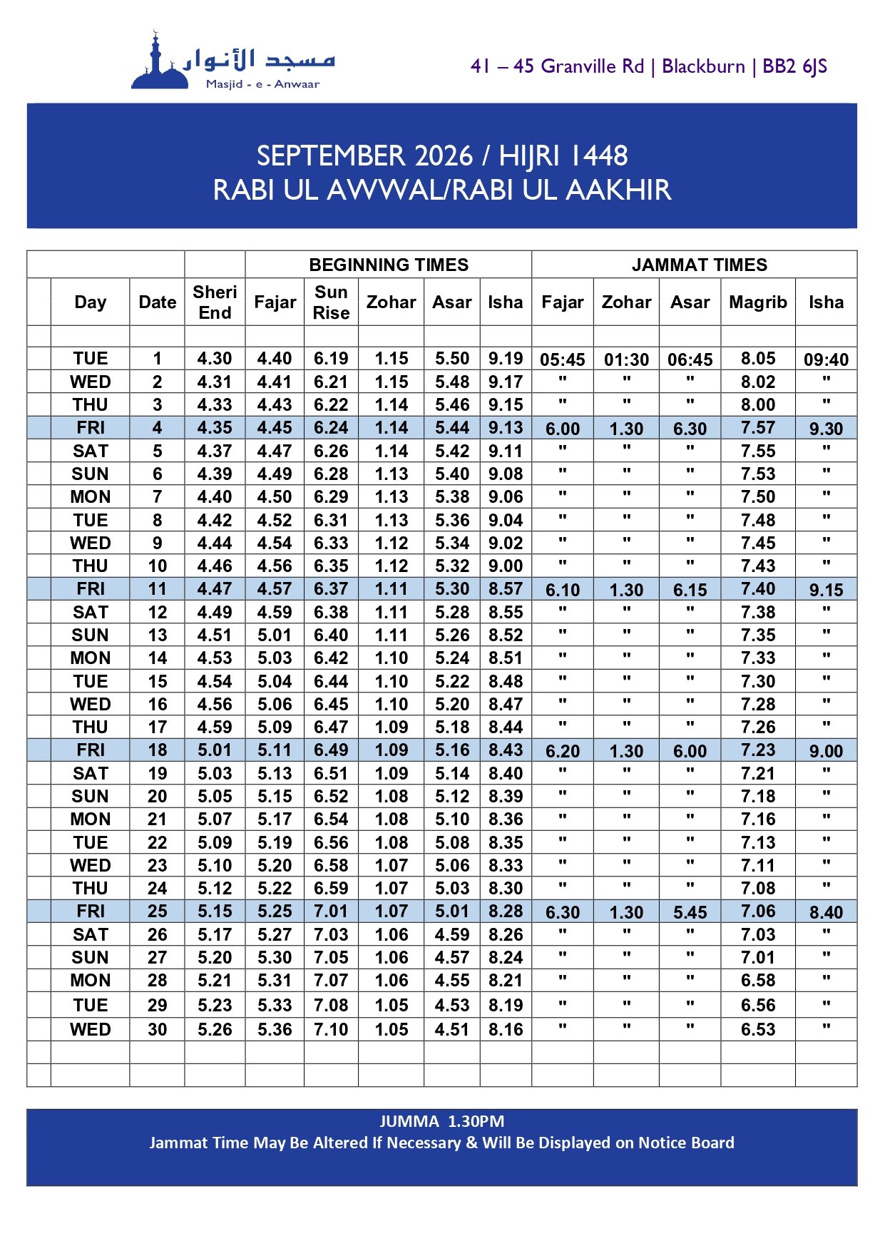 Timetable published by (Granville) Masjid-e-Anwaar for September 2026