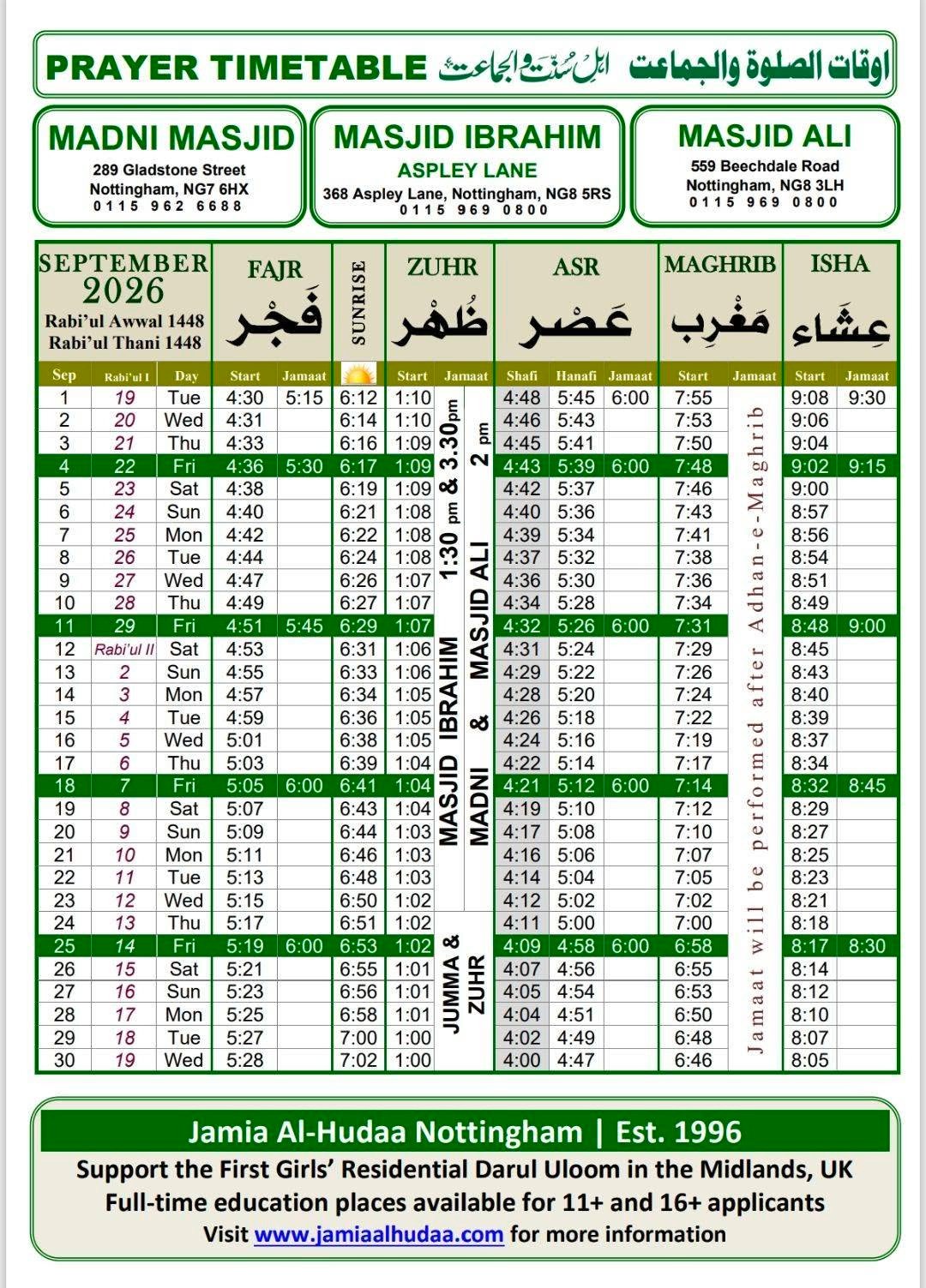Timetable published by Madni Masjid for September 2026