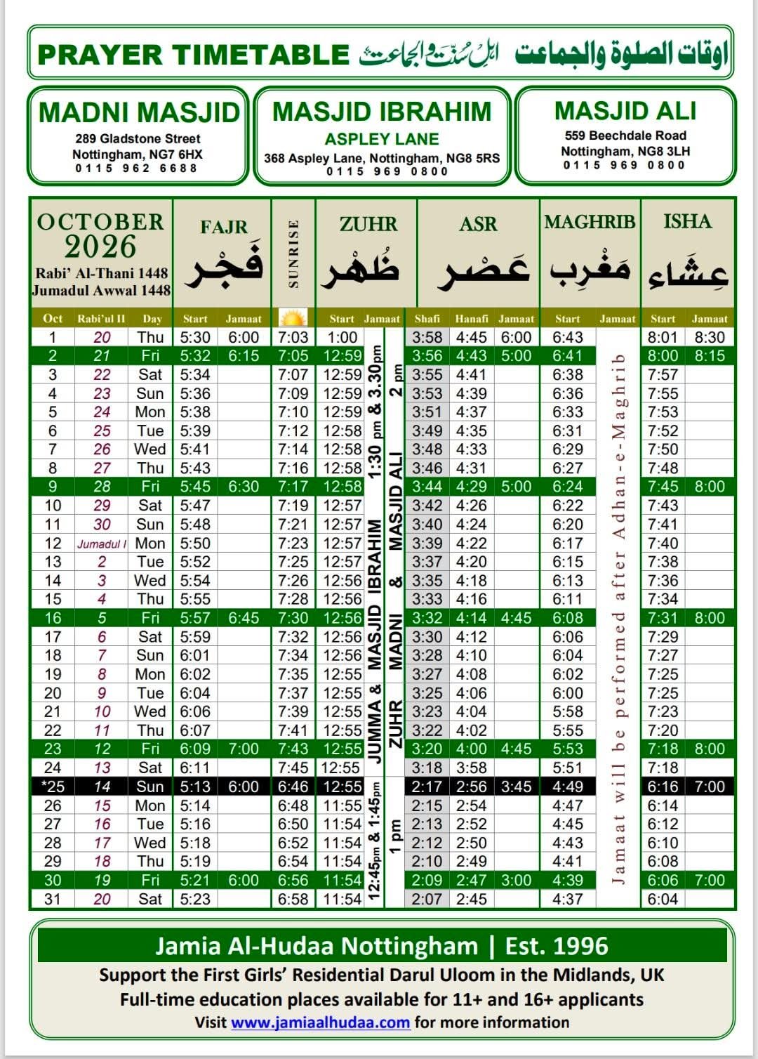 Timetable published by Madni Masjid for October 2026