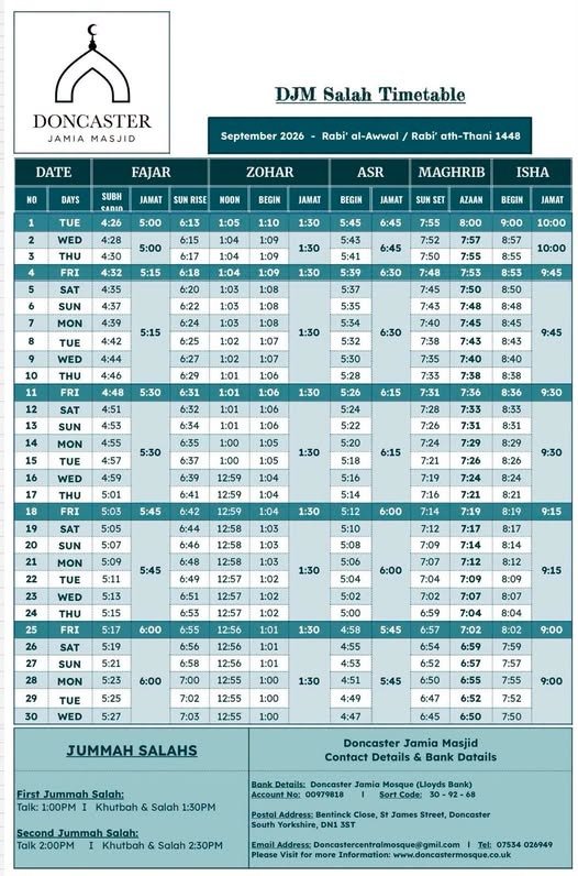 Timetable published by Doncaster Jamia Masjid for September 2026