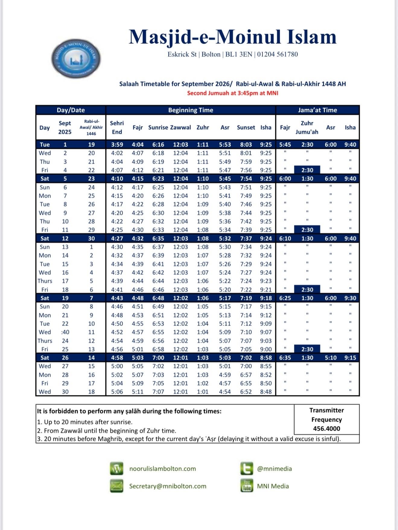 Timetable published by Moinul Islam for September 2026