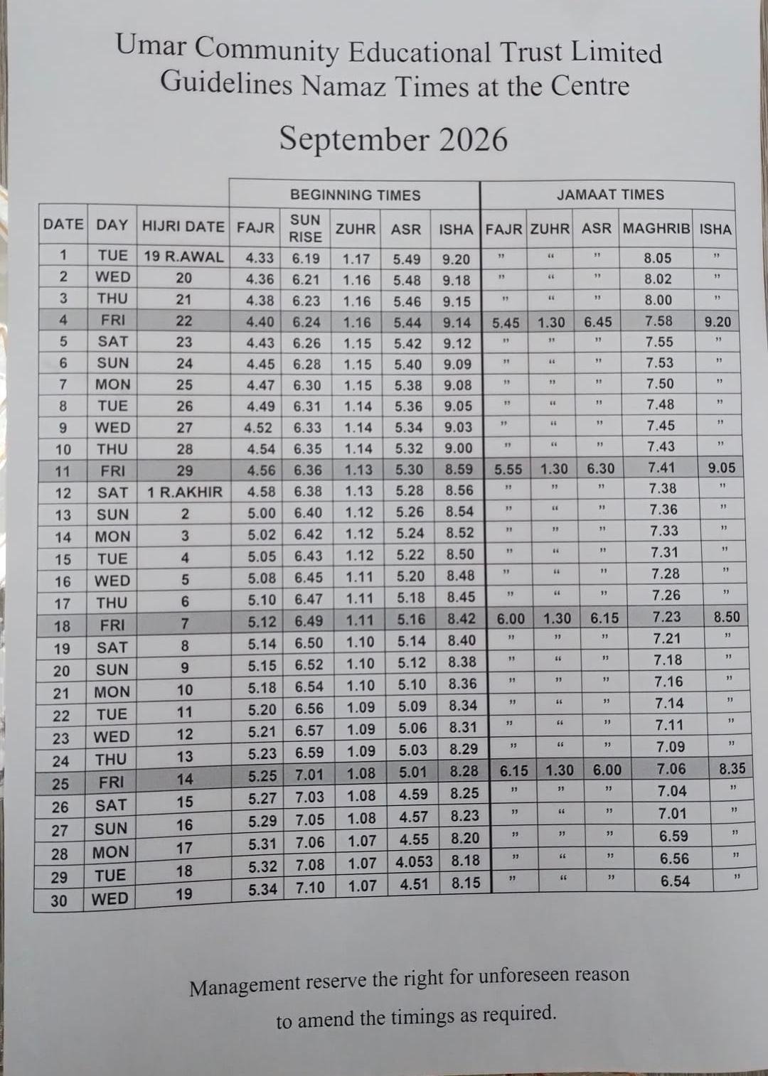 Timetable published by Masjid E Aishah for September 2026