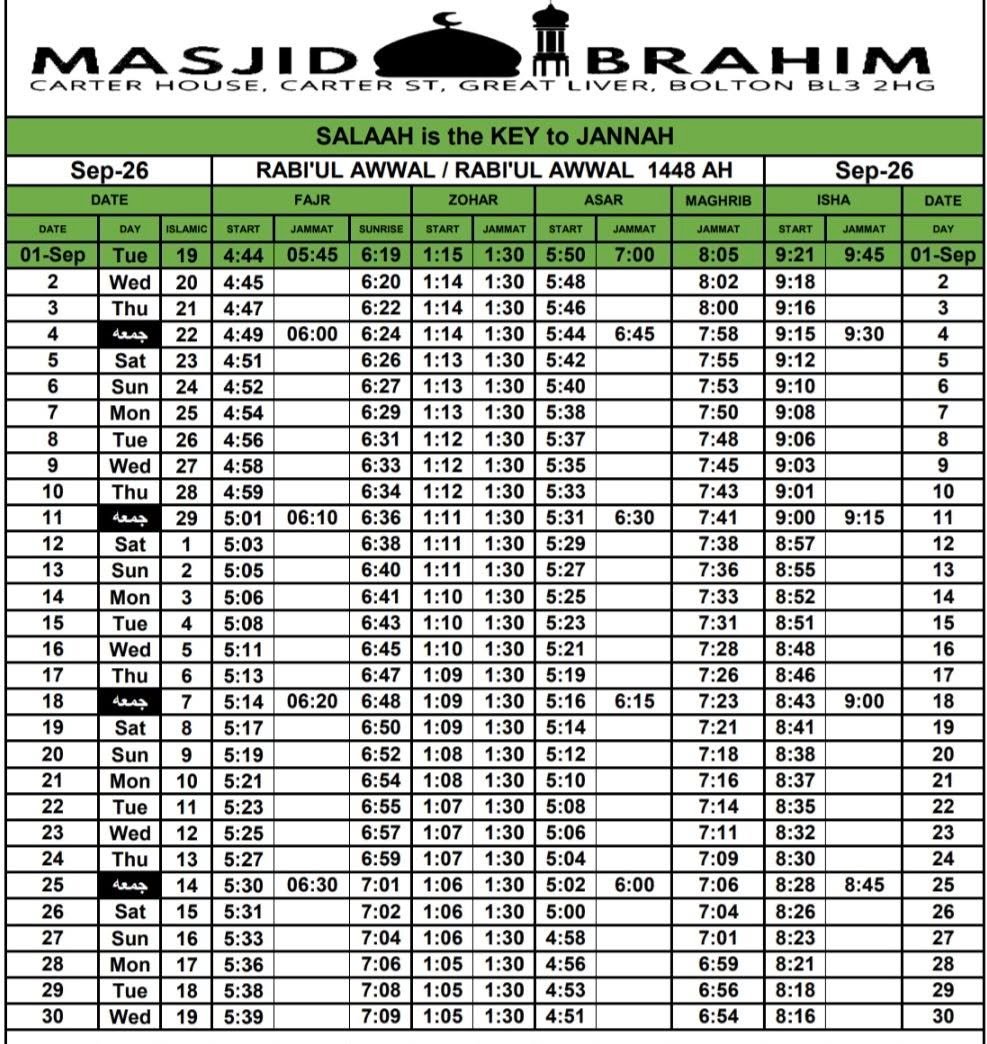 Timetable published by Masjid Ibraheem for September 2026