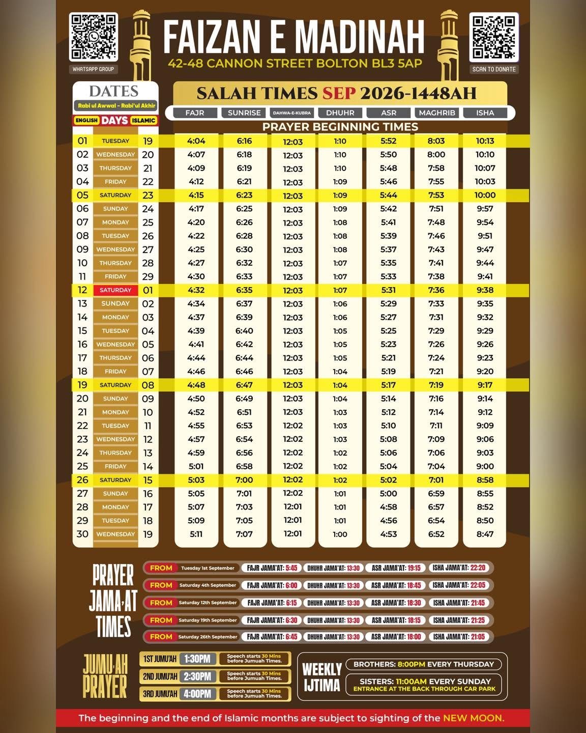Timetable published by Faizan-e-Madinah for September 2026