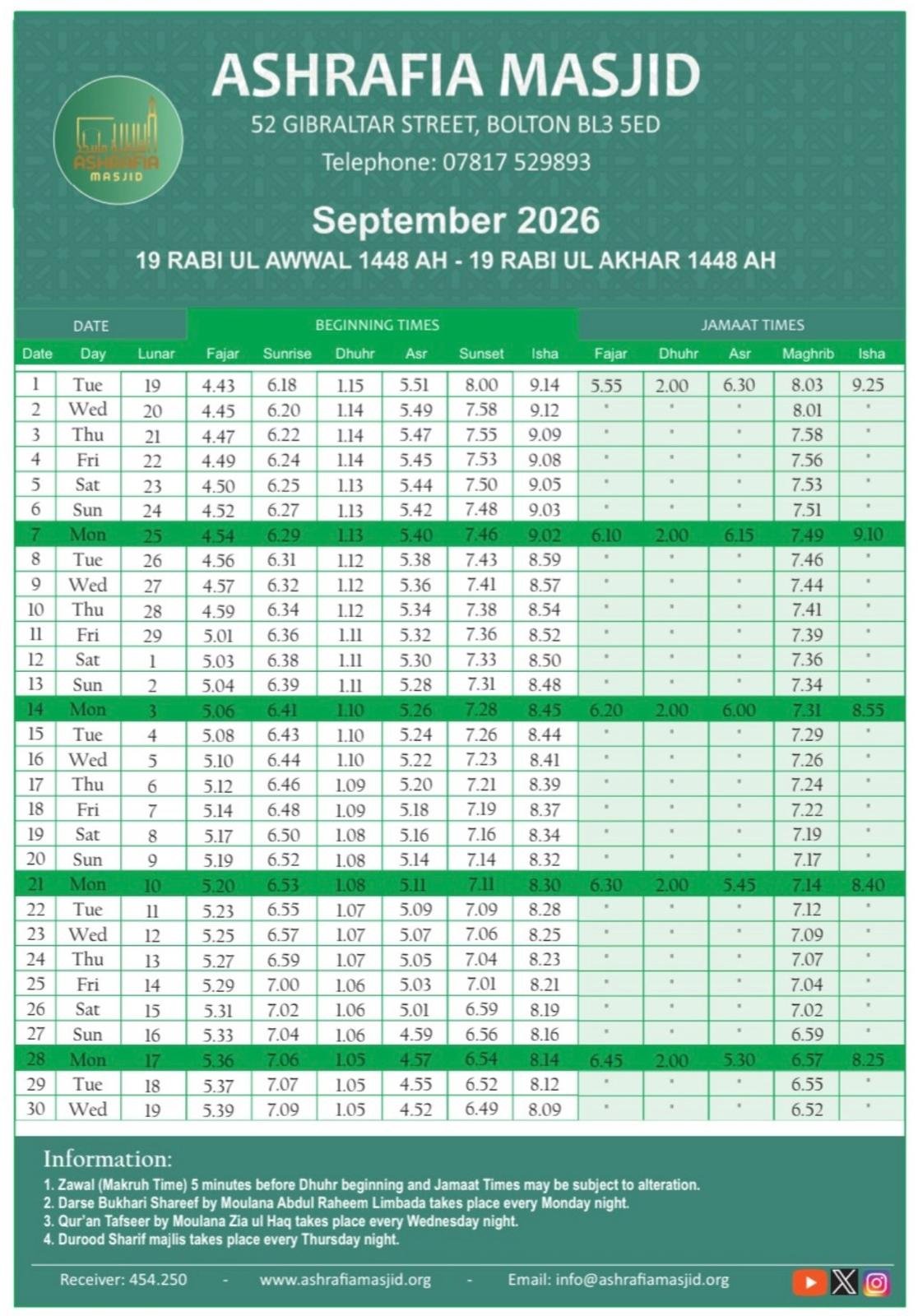 Timetable published by Ashrafia Mosque for September 2026