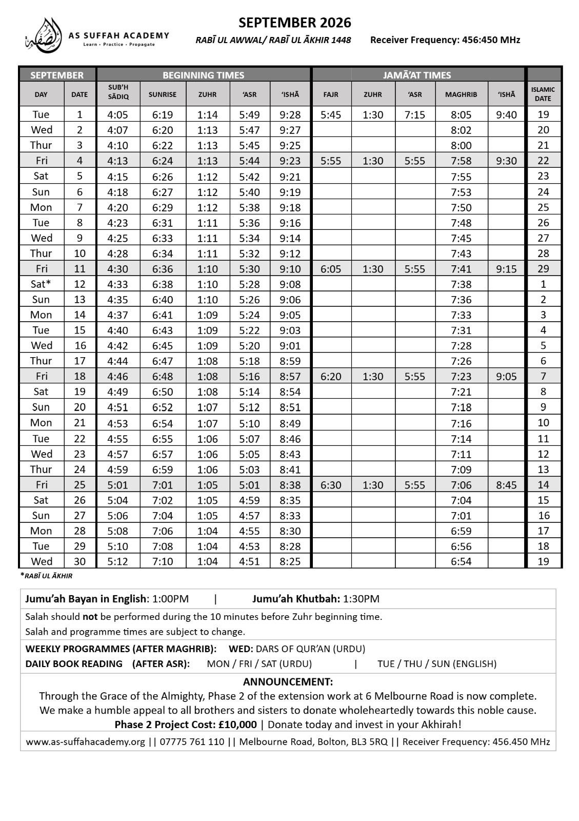 Timetable published by As Suffah Academy for September 2026