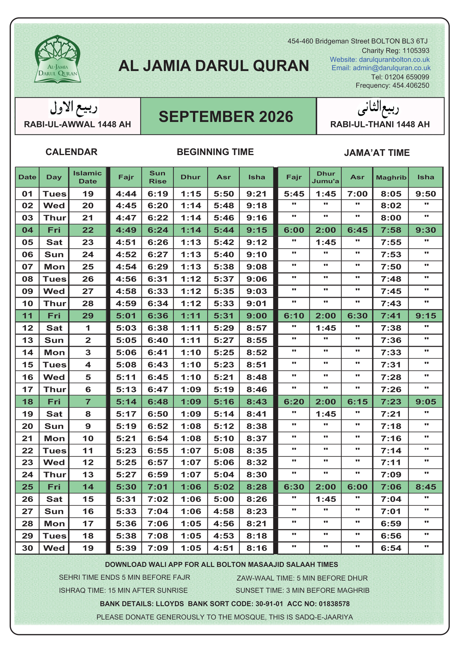 Timetable published by Darul Quran for September 2026