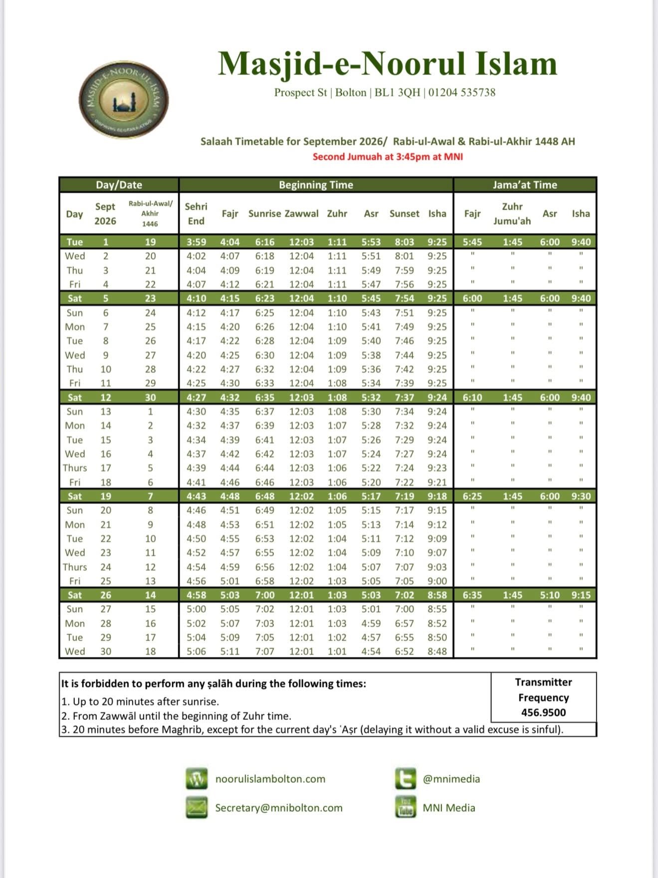 Timetable published by Masjid-E-Noorul Islam Bolton for September 2026
