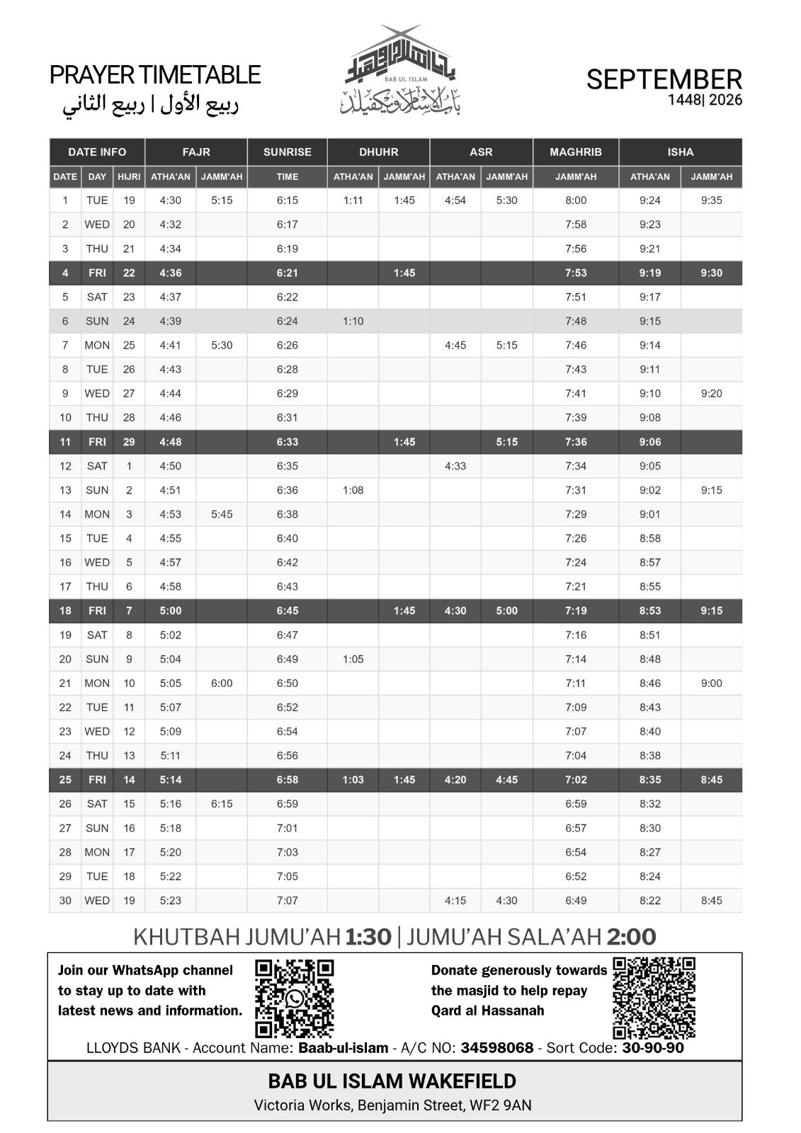 Timetable published by Markaz Bab Ul Islam Wakefield for September 2026