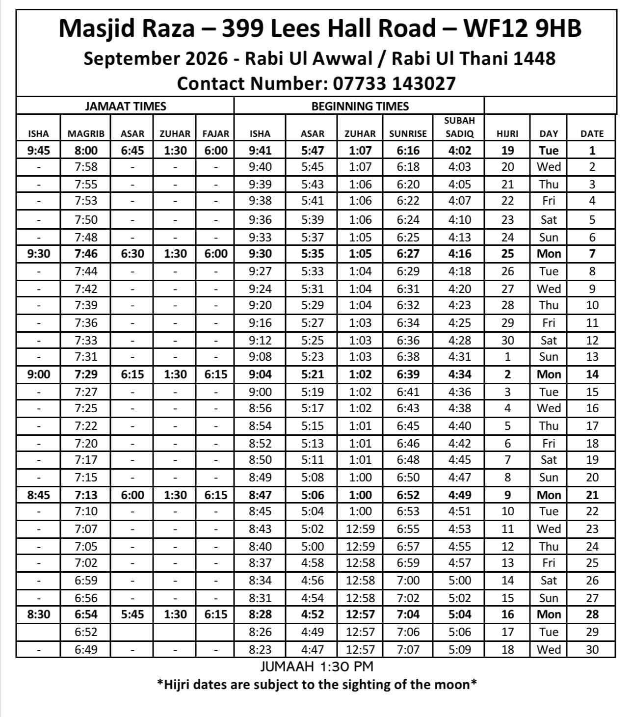 Timetable published by Jamia Masjid Raza And Educational Centre for September 2026