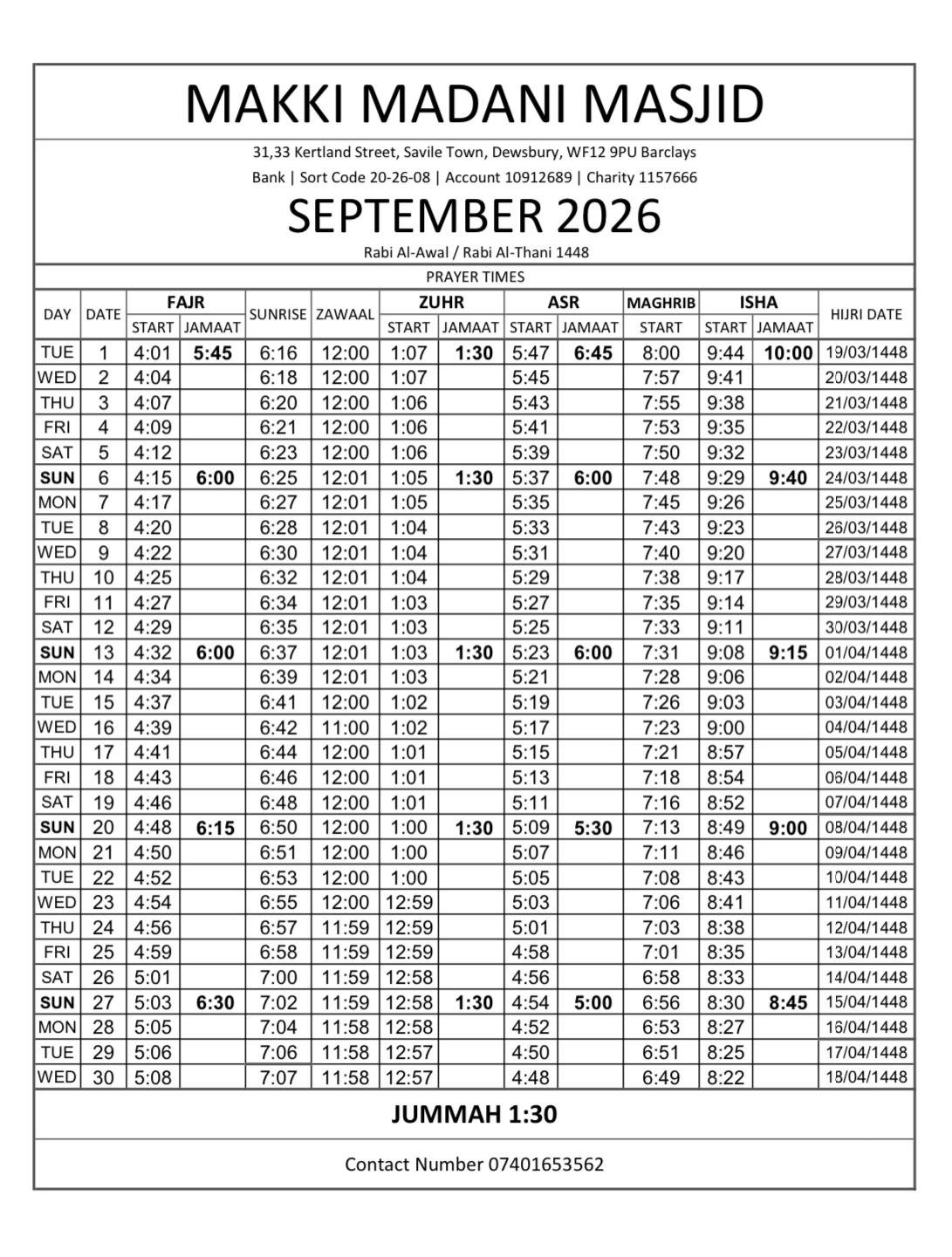Timetable published by Makki Madani Masjid - Education Centre for September 2026