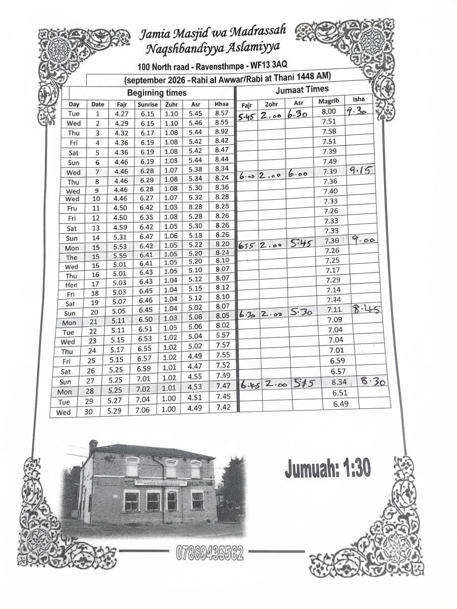 Timetable published by Naqshbandiyya Mujaddadiyya Aslamiyya for September 2026