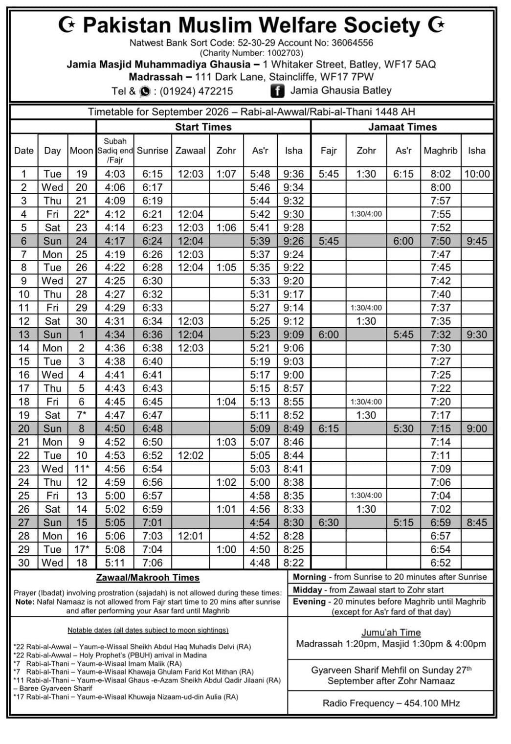 Timetable published by Jamia Al Saeed for September 2026
