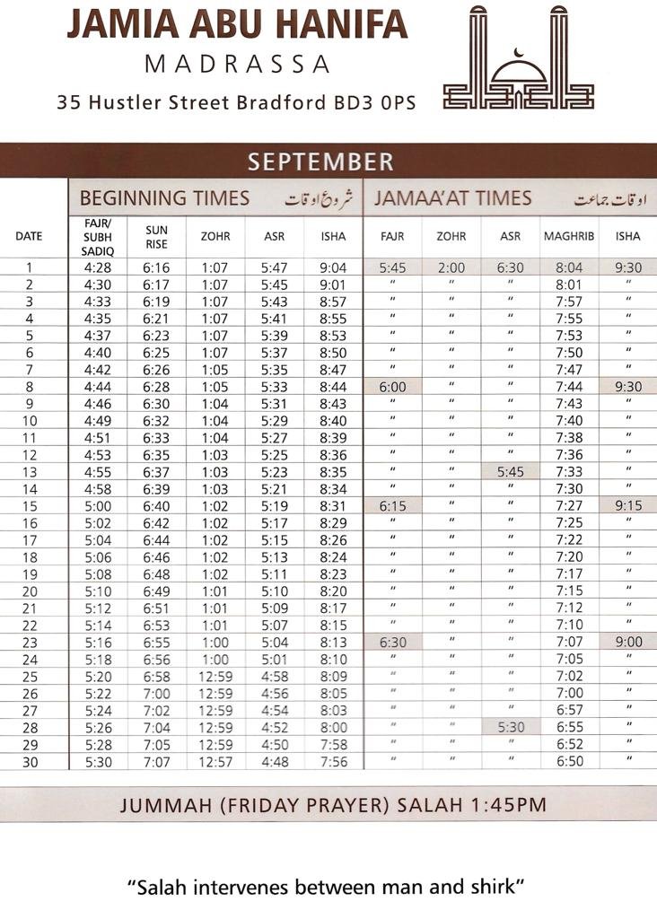 Timetable published by Jamia Abu Hanifa Madrasa for September 2026