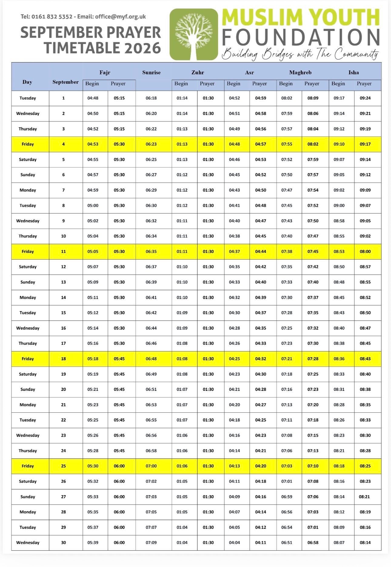 Timetable published by The Muslim Youth Foundation for September 2026