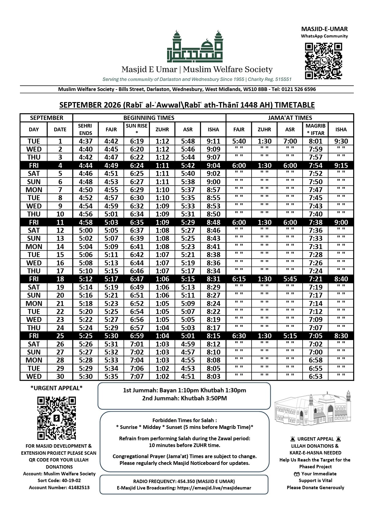 Timetable published by Masjid-e-Umar for September 2026