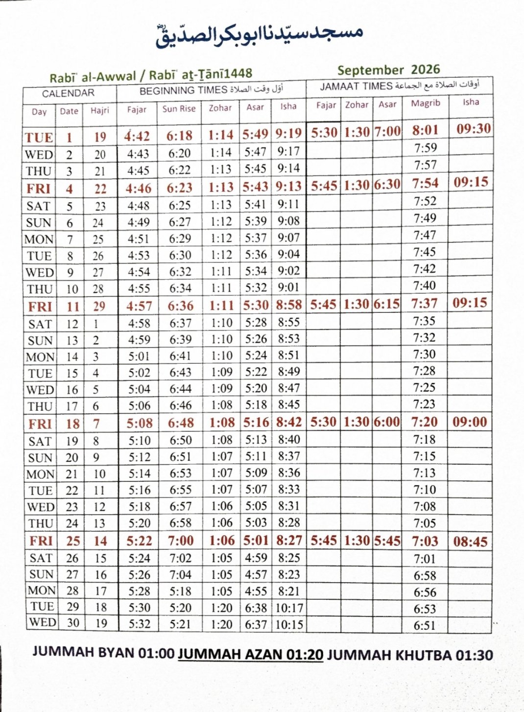 Timetable published by Abu Bakr Mosque for September 2026