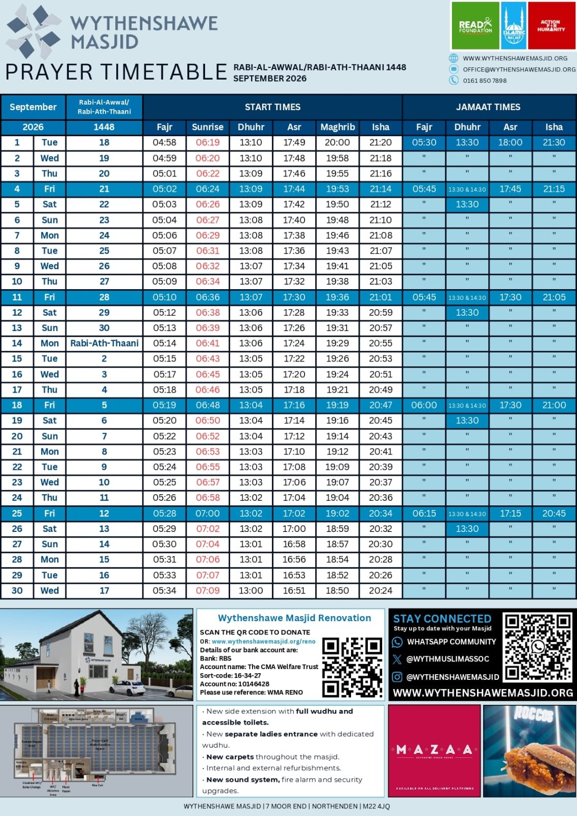 Timetable published by Wythenshawe Masjid for September 2026
