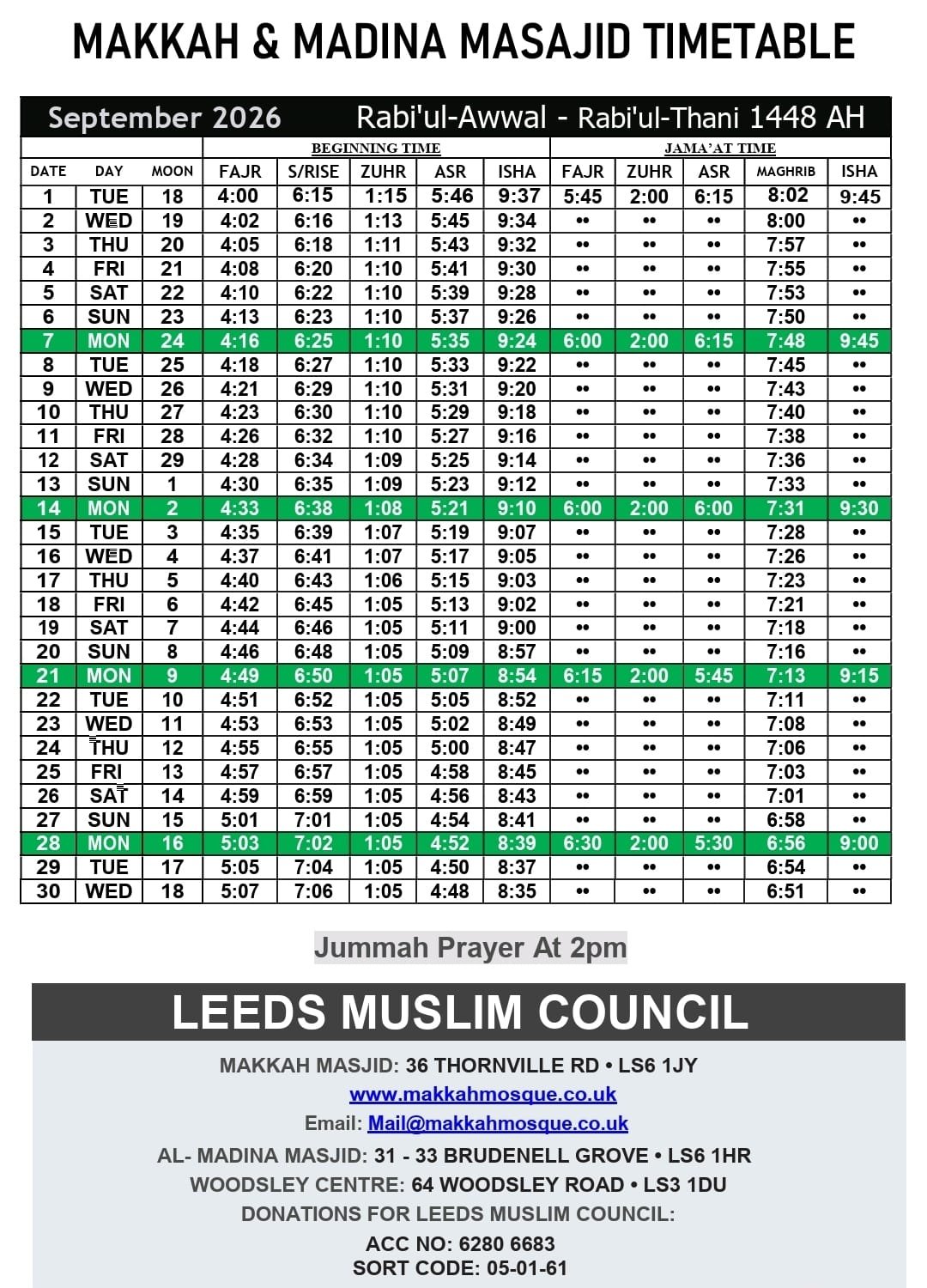 Timetable published by Al- Madinah Masjid for September 2026