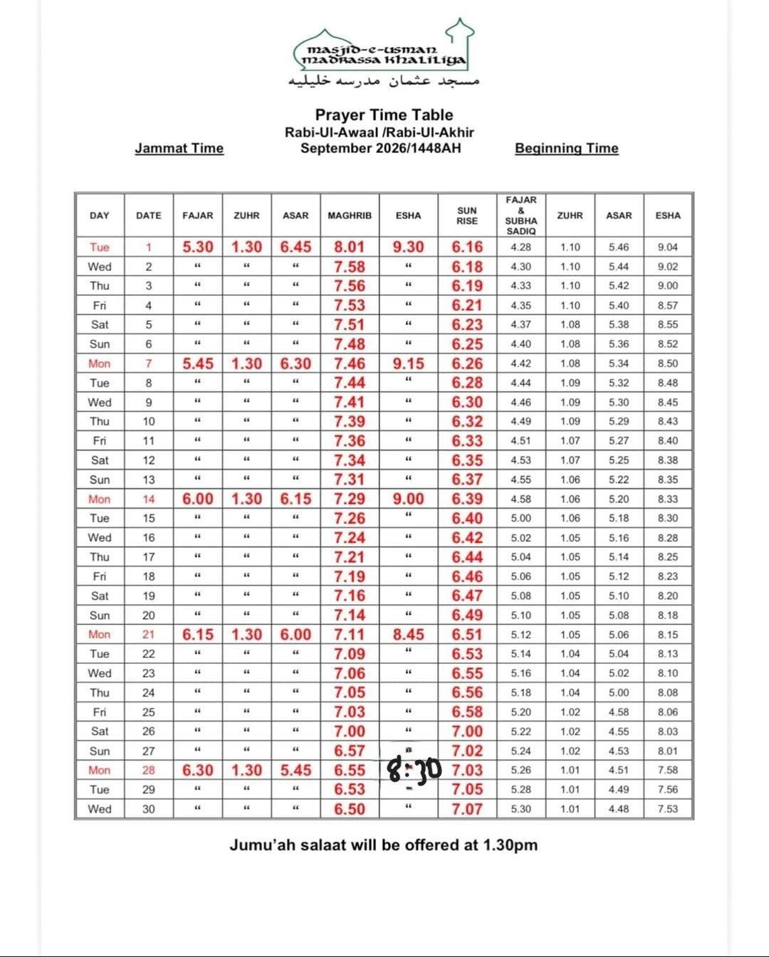 Timetable published by Masjid-e-Usman for September 2026