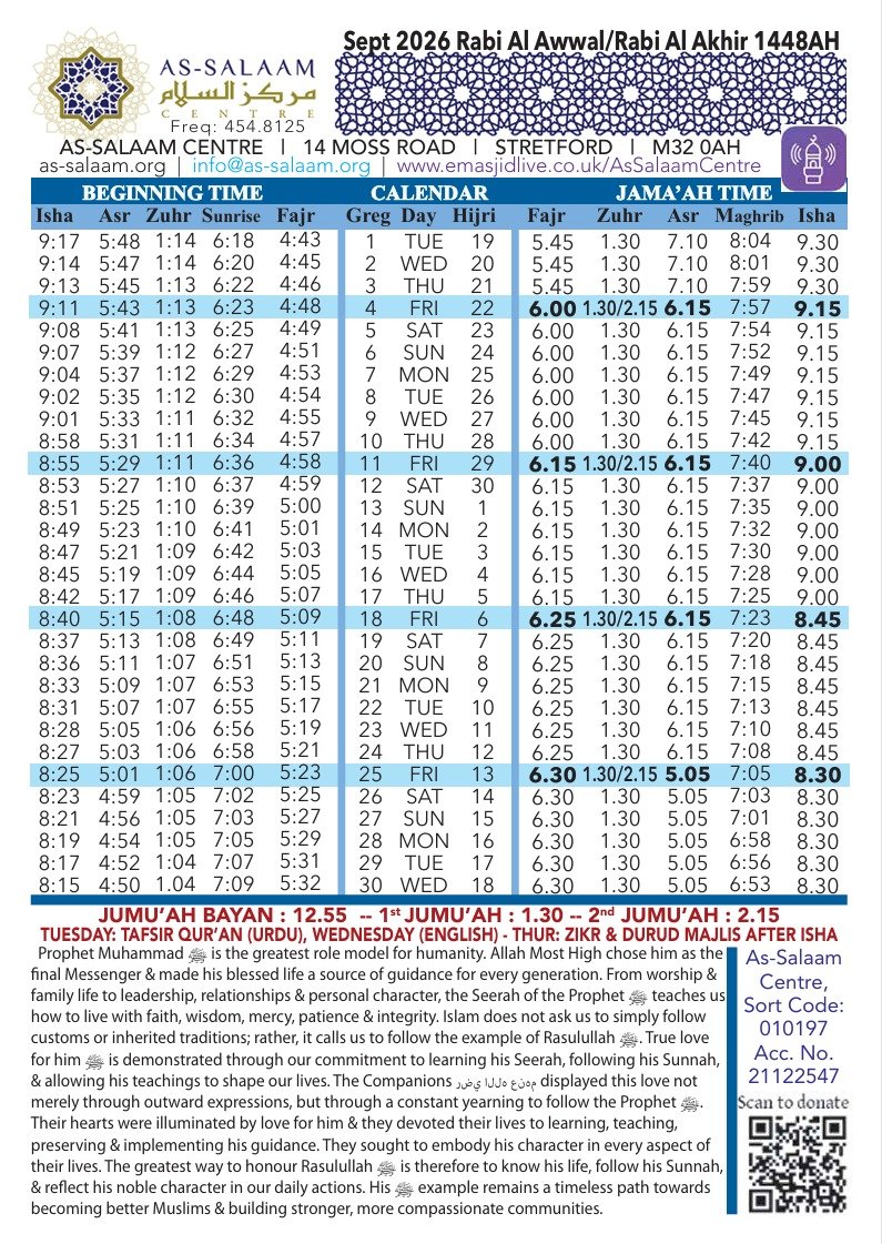 Timetable published by As-Salaam Centre for September 2026