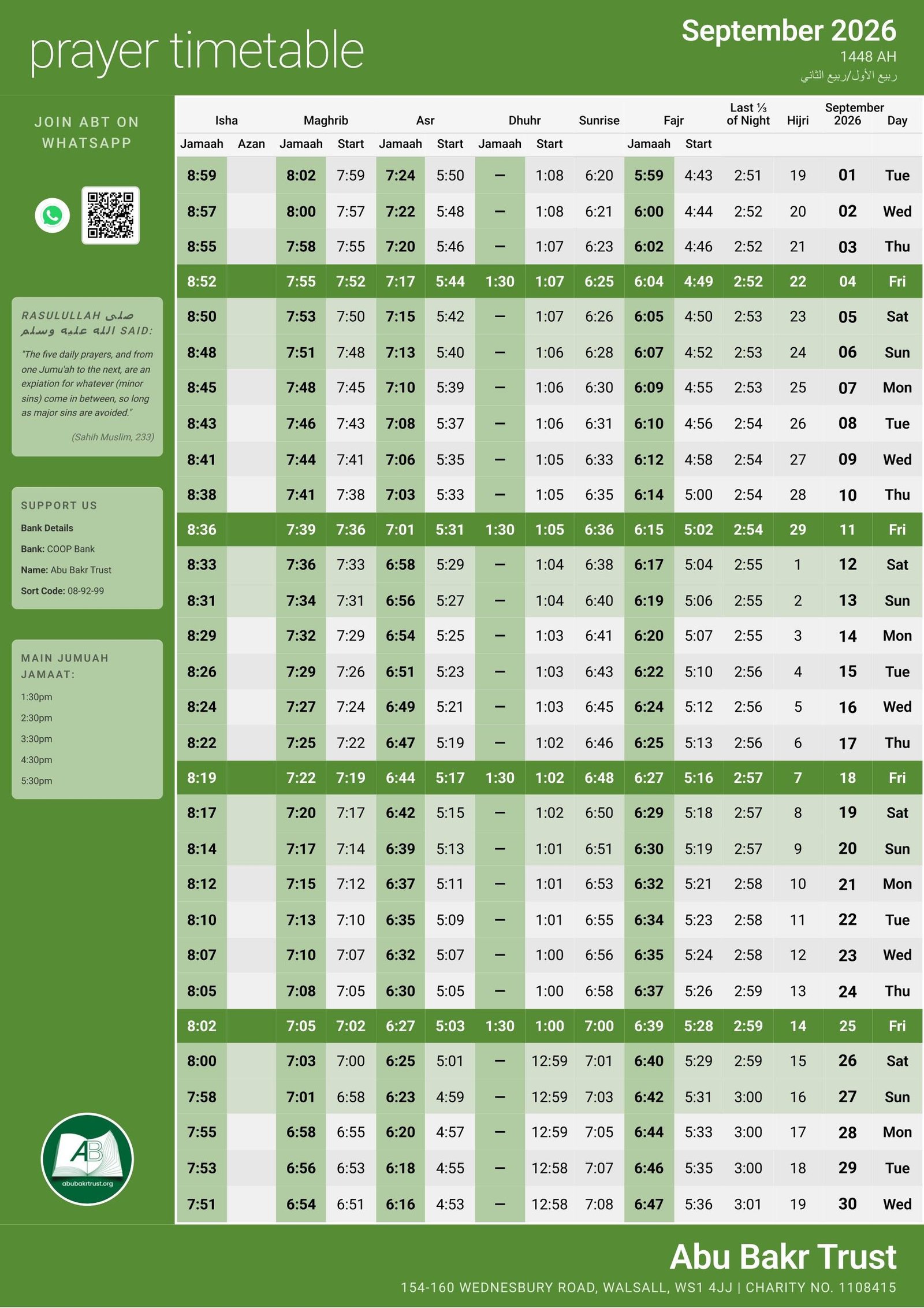 Timetable published by Abu Bakr Trust for September 2026