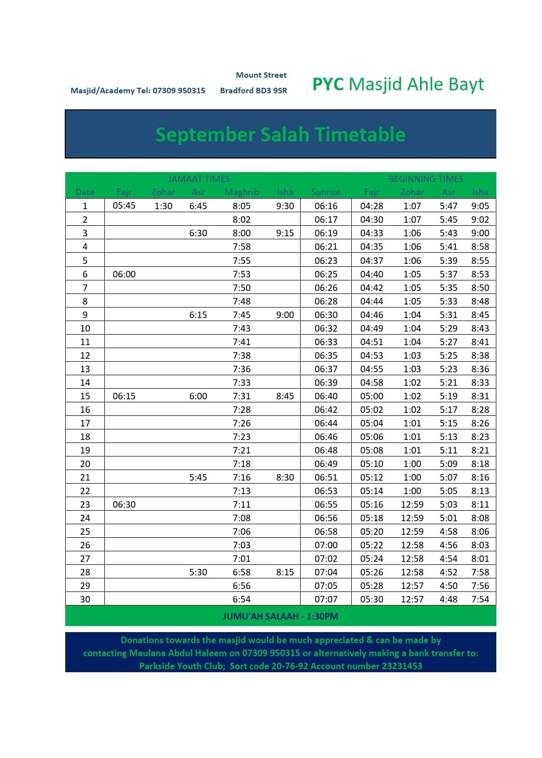 Timetable published by PYC Masjid Ahle Bayt for September 2026