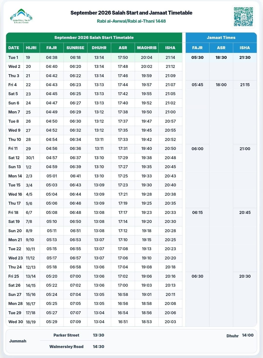 Timetable published by Khizra Mosque (Walmersley) for September 2026