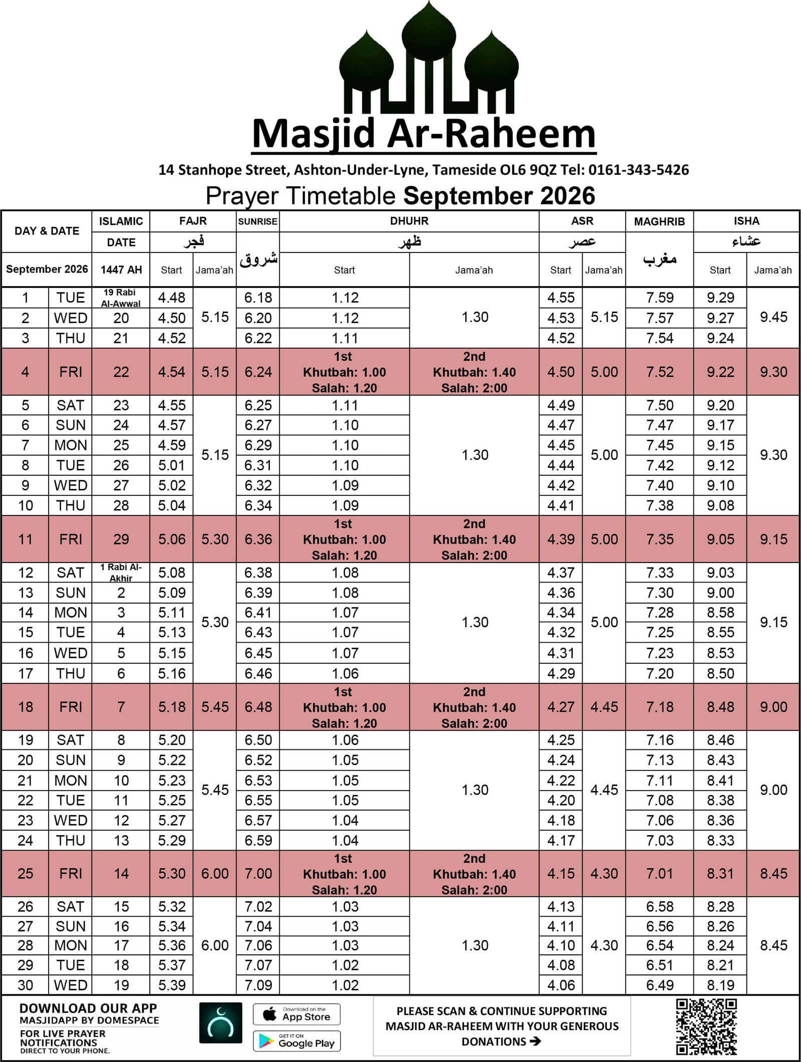 Timetable published by Masjid Ar-Raheem for September 2026