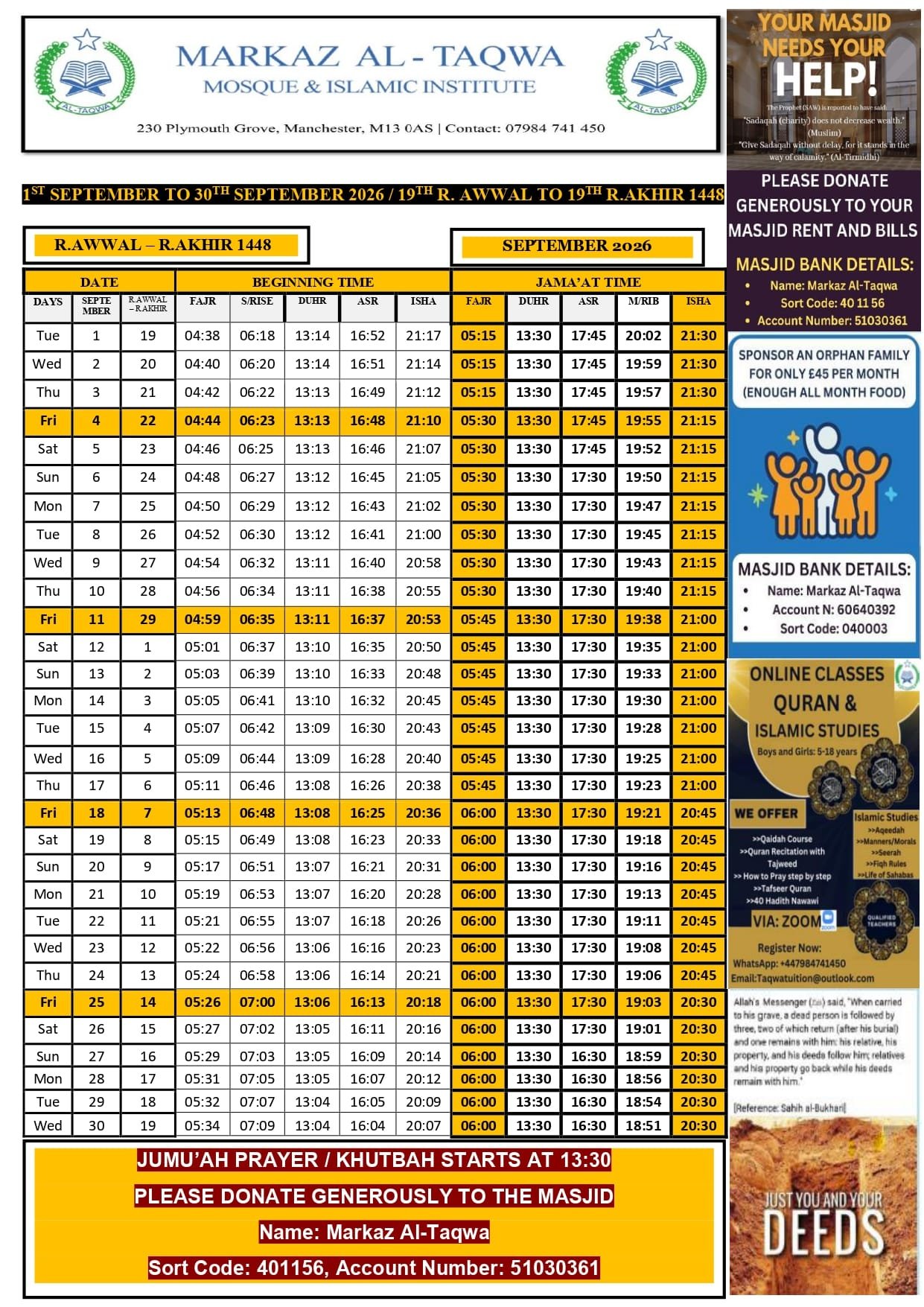 Timetable published by Markaz Al-Taqwa Mosque for September 2026