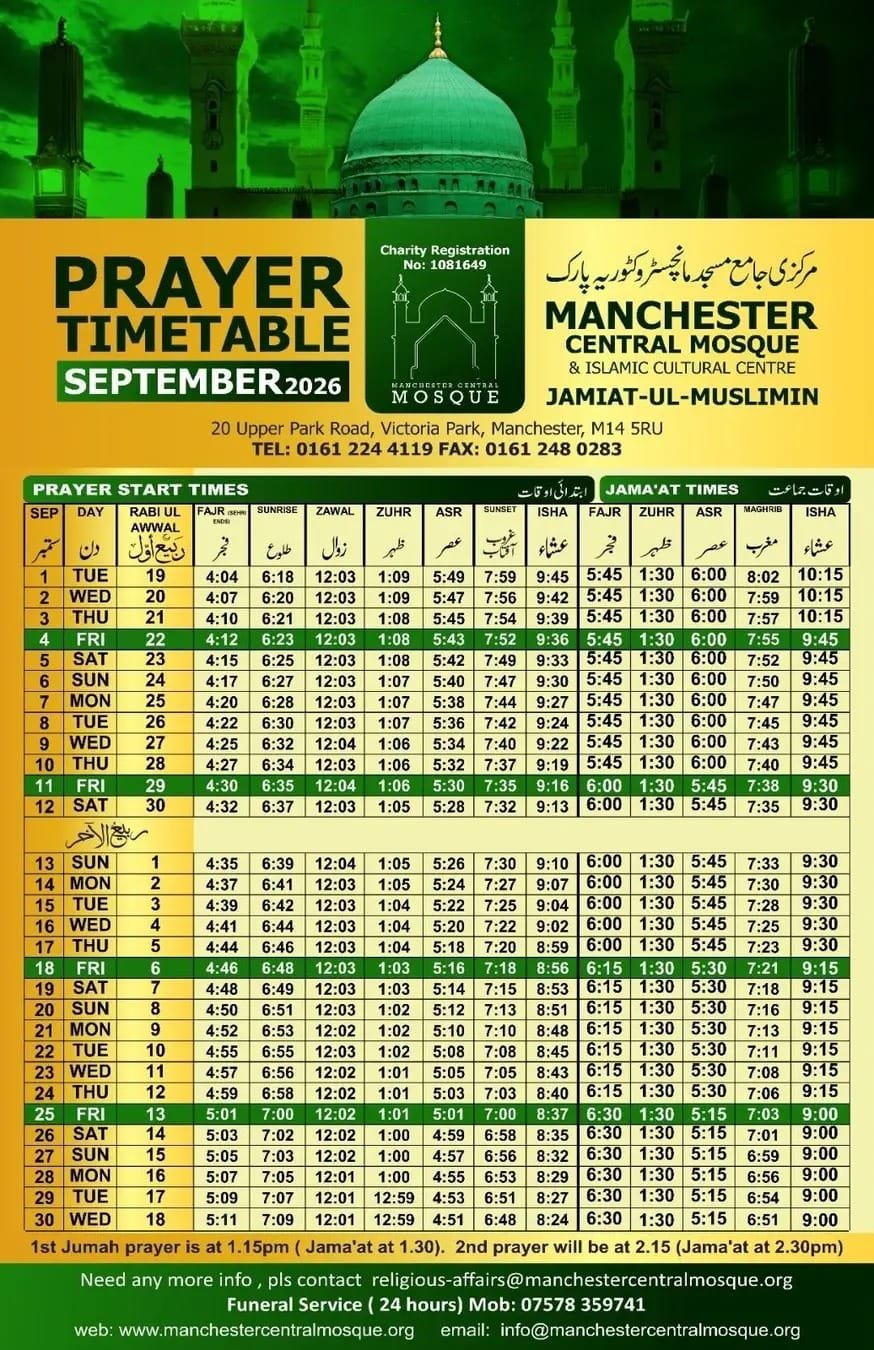 Timetable published by Manchester Central Mosque (Victoria Park) for September 2026
