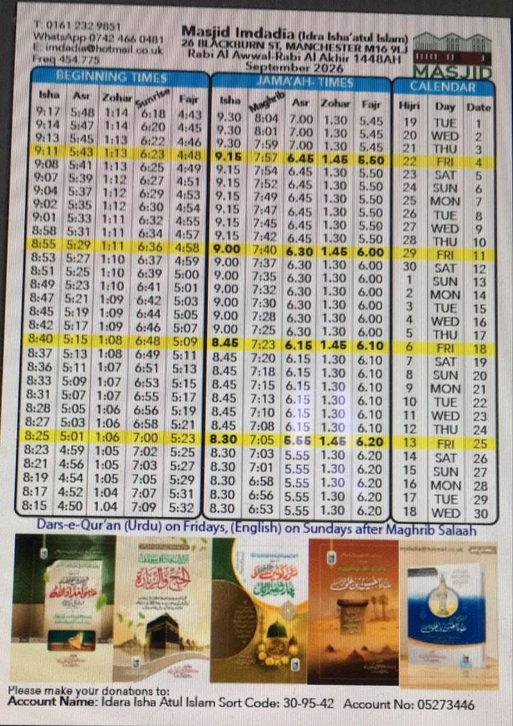Timetable published by Masjid Imdadia for September 2026