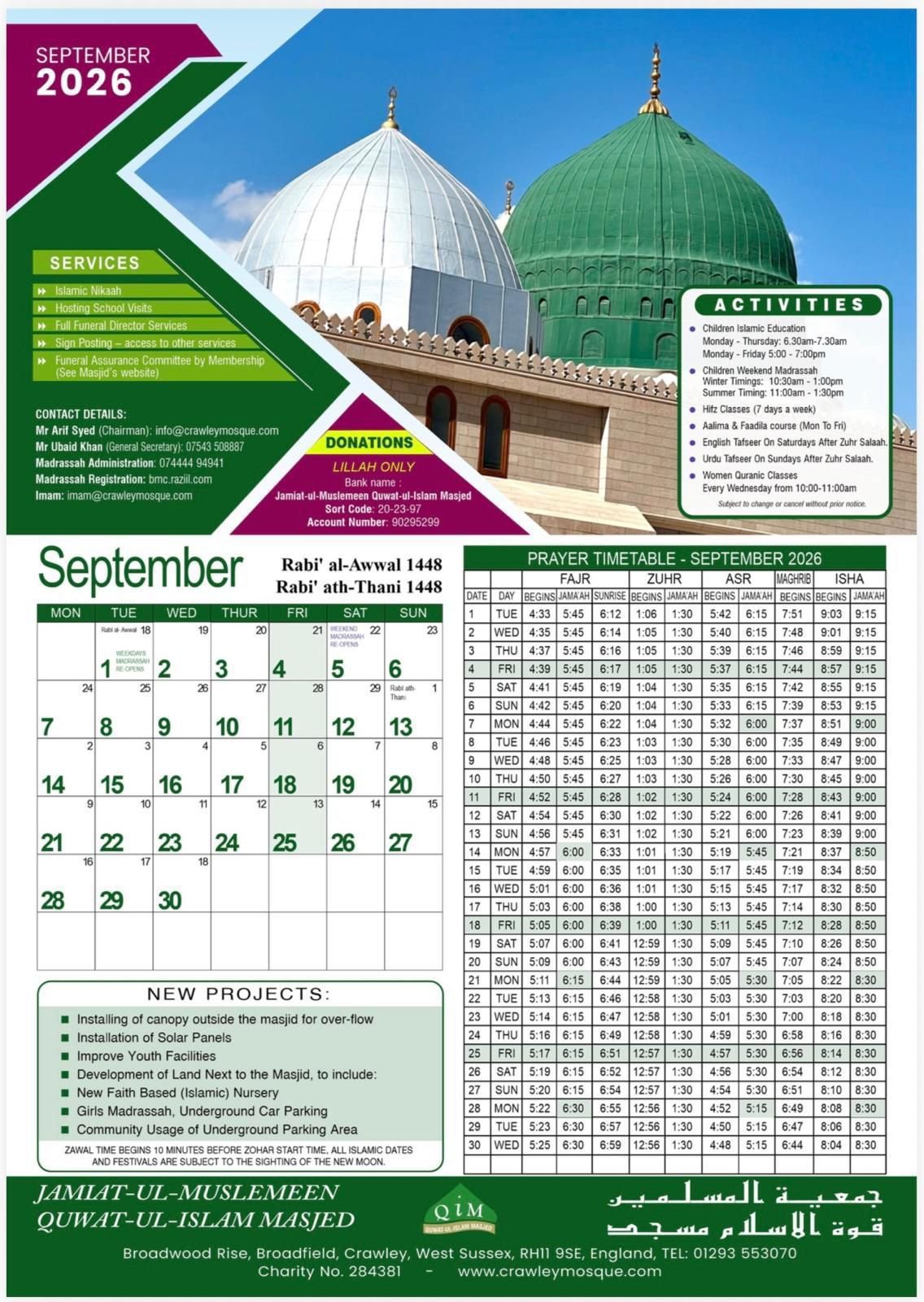 Timetable published by Broadfield Masjid for September 2026
