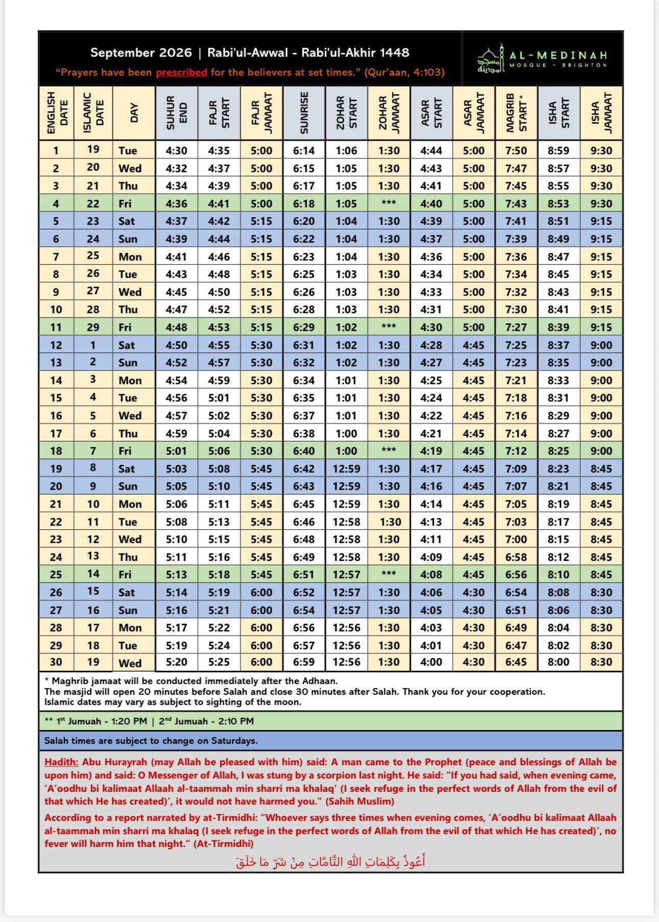 Timetable published by Al-Medinah Mosque Brighton for September 2026