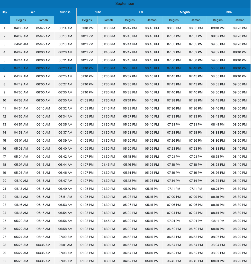 Timetable published by Markazul-Uloom Al-Islamiyya for September 2026