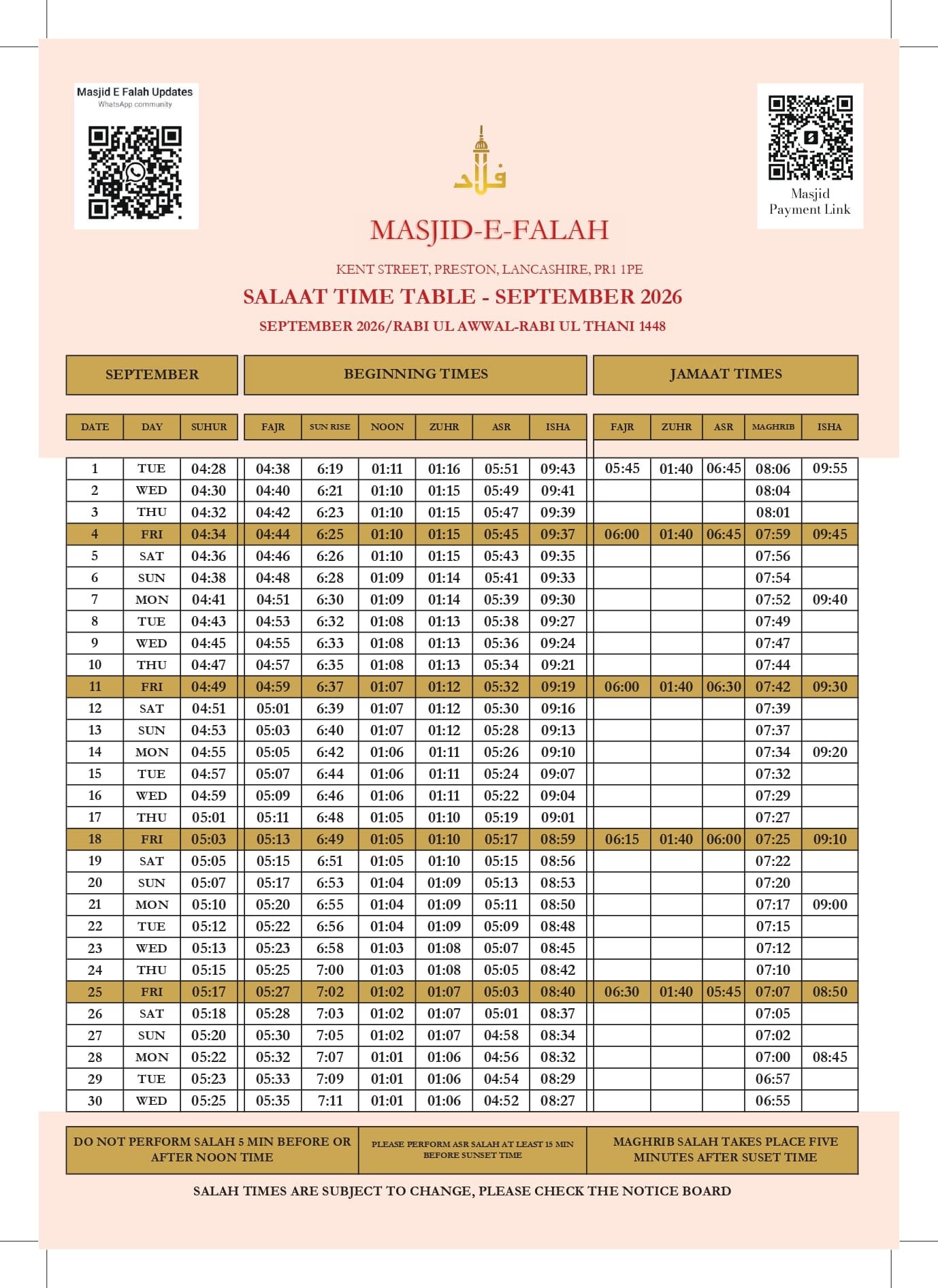 Timetable published by Masjid-e-Falah for September 2026