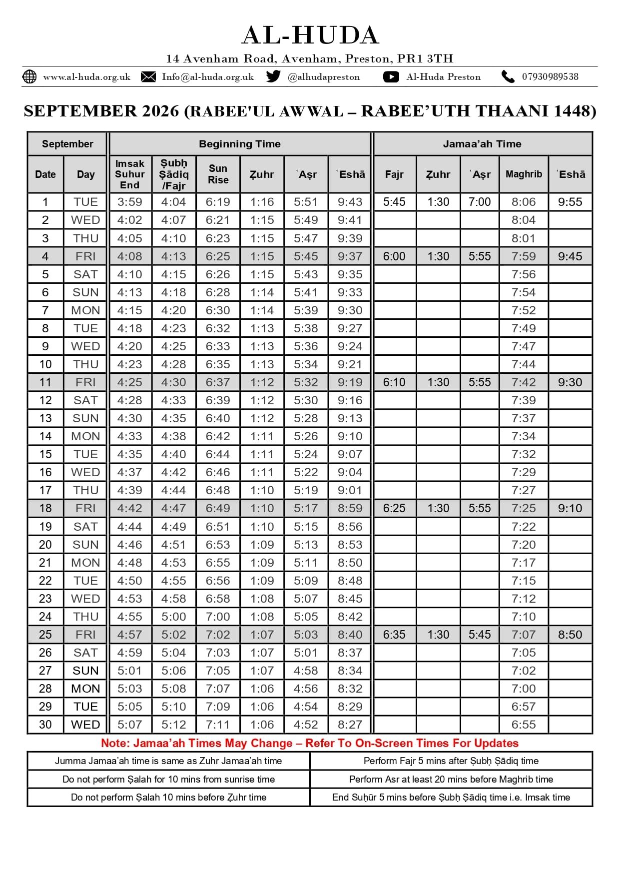 Timetable published by Masjid Al-Huda for September 2026